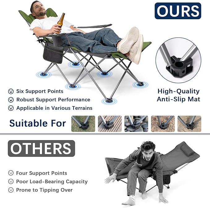 apollo walker Camping Chairs for Adults - 6 Legged Beach Chair with Foot Rest, Adjustable 90° - 135° Reclining Lounge Chair Outdoor, Folding Chairs for Outside with Detachable Pillow & Carry Bag Green