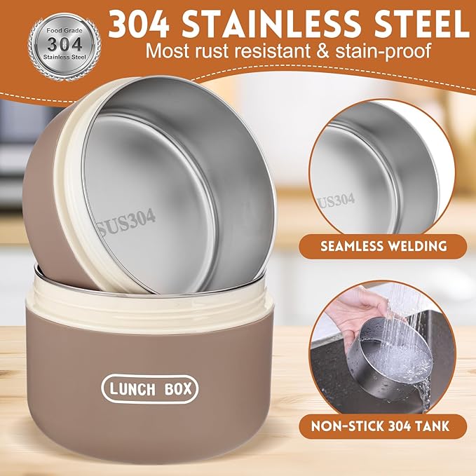 Dandat 2 Pcs Insulated Lunch Containers Thermal Bento Box with Bag Fork Knife Microwavable Stainless Steel Lunch Box 15.2 oz 21 oz Separate Stackable Thermal Food Jar for Adult Men Women(Khaki)