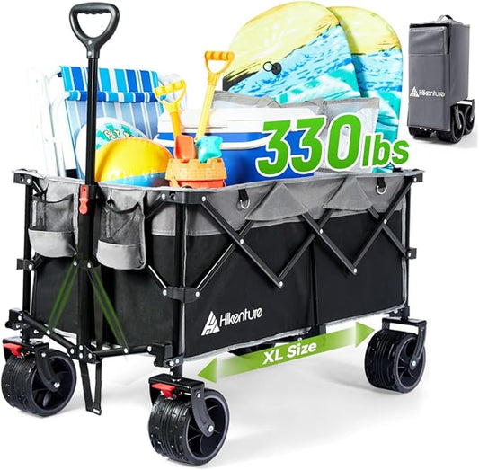 Hikenture Collapsible Wagon Cart, 330lbs Capacity Beach Wagons with Big Wheels for Sand, Heavy Duty Foldable Cart with Brakes, Portable Utility Folding Garden Cart for Outdoor