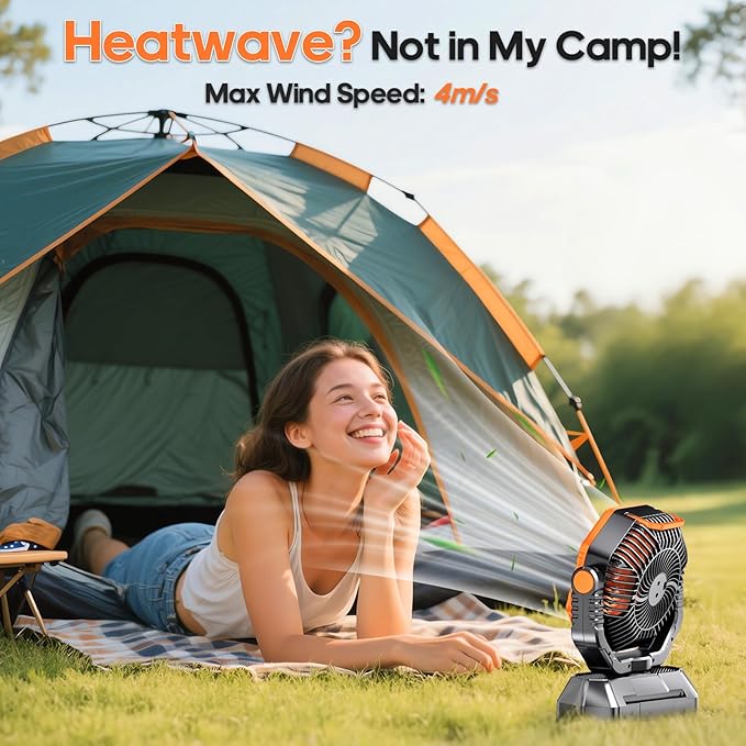 AJVV Camping Fan Rechargeable, Battery Powered Fan With Remote Controller, LED Light, Dual-Blade, Stepless Speed, 45°/90°/270° Swing,Timer, Portable fan For Travel Tent Bedroom Beach Fishing, Orange