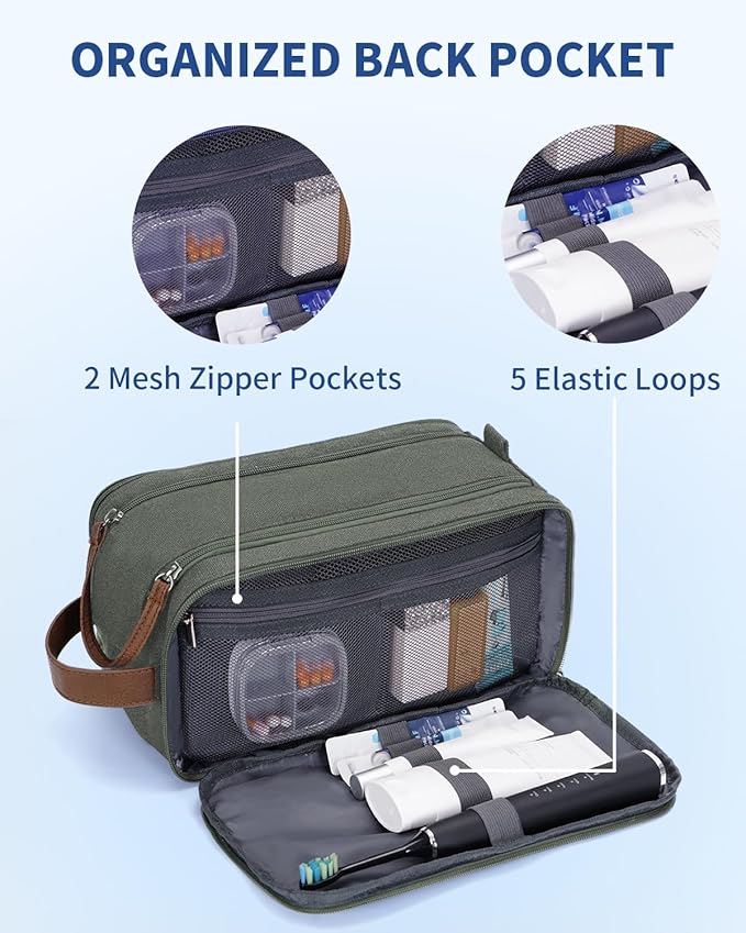 WANDF Toiletry Bag for Men Travel Toiletry Organizer Canvas and Leather Dopp Kit Water-Resistant Shaving Bag for Travel Accessories (Green, Patent Pending)