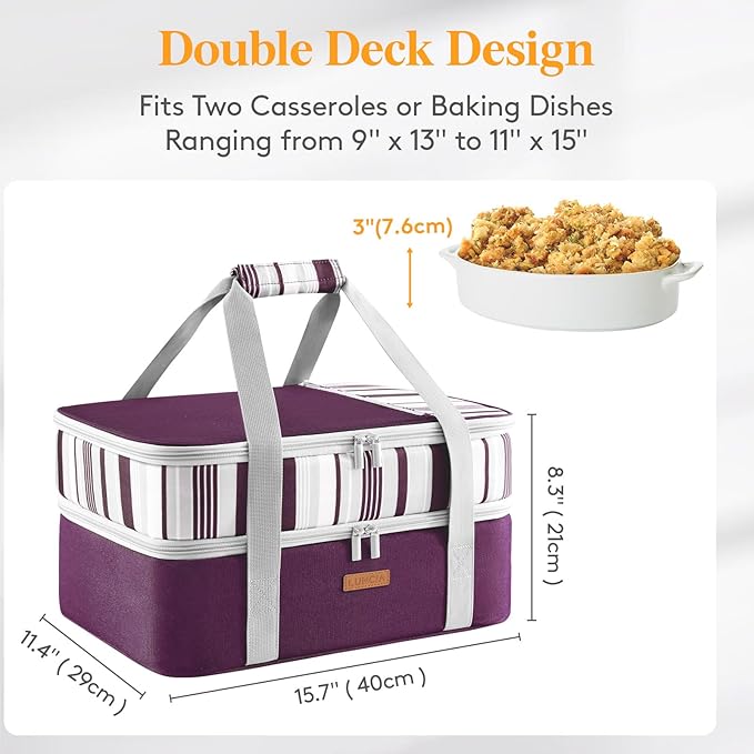 Double Decker Insulated Casserole Carrier for Hot or Cold Food, Lasagna Lugger Tote for Potluck Parties/Picnic/Cookouts, Fits 9"×13" Baking Dish, Purple