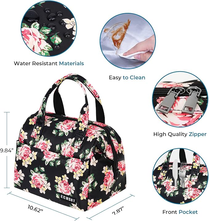 ECHSRT Large Insulated Lunch Bag for Women Men Leakproof Cooler Lunch Tote Bags for Work Travel Adult Thermal Lunchbox for Office -10L Rose Print