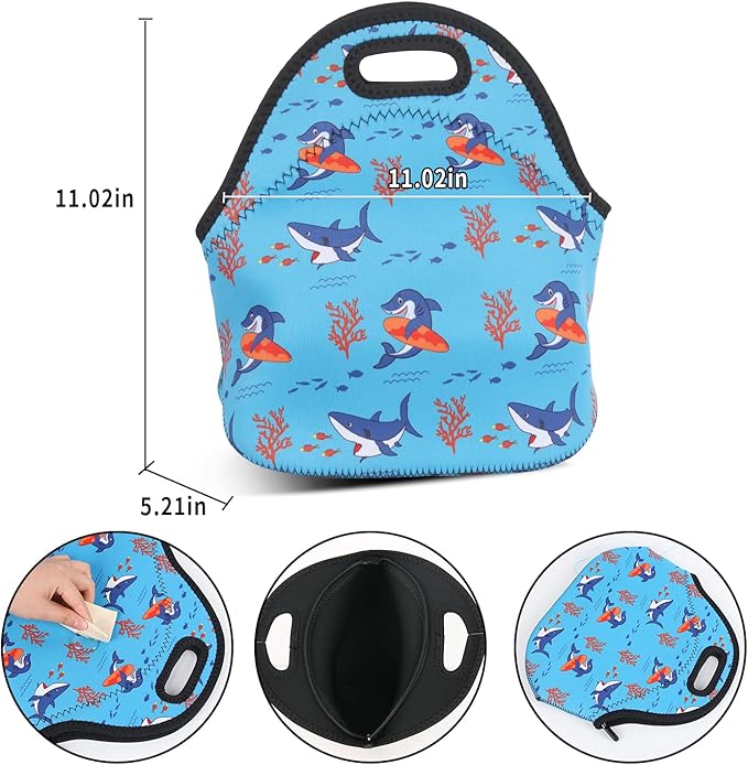 Violet Mist Neoprene Lunch Bag Washable Shark lunch HandBags Tote Reusable Thermal Insulated Lunch Bags Cooler Lighweight lunch bag for Men Work Picnic Thanksgiving Christmas Gifts