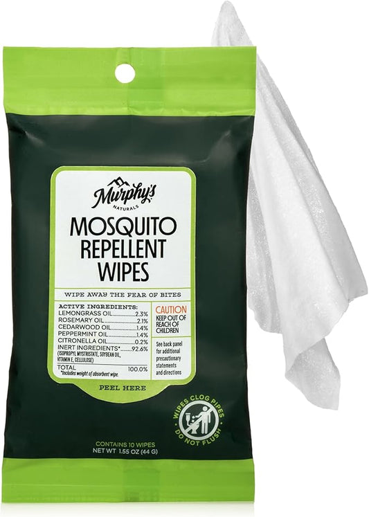 Murphy’s Naturals Mosquito Repellent Wipes, Plant-Based with Lemongrass & Rosemary Oil, Fast-Absorbing & Travel-Friendly, DEET-Free, 10 Wipes, 1-Pack