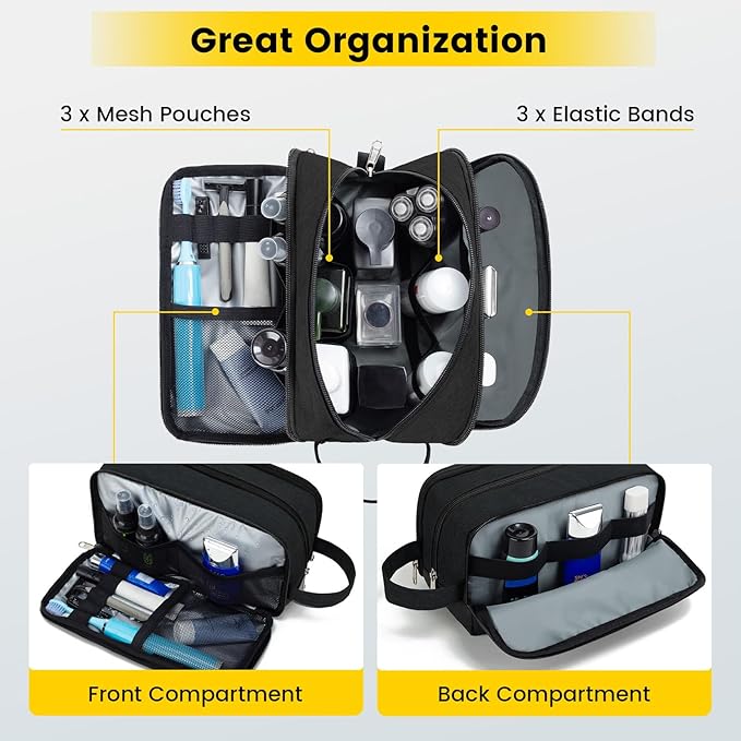 Vorspack Travel Toiletry Bag - Toiletry Bag for Men Water Resistant Skincare Bag Dopp Kit for Bathroom Toiletries Accessories Gifts - Black