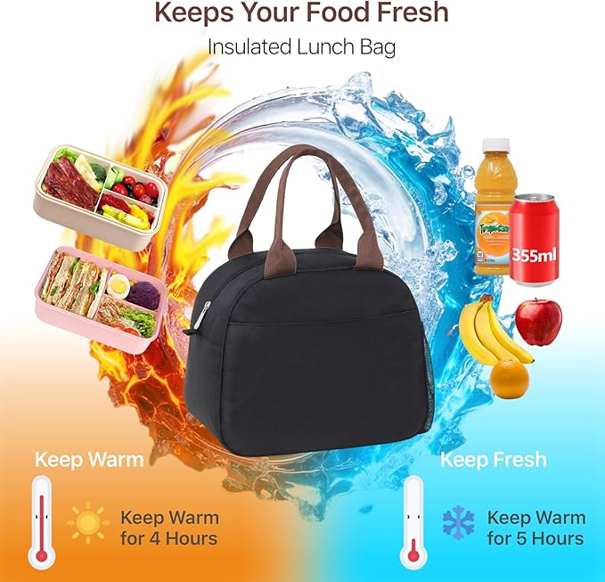 Bagseri Insulated Lunch Bag Women - Lunchboxes for Men Women Adult Reusable Leakproof Thermal Cooler Sack Food Handbags Case High Capacity for Work and Picnic (Black)
