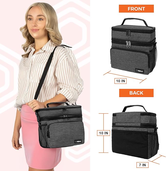 opux Insulated Lunch Bag for Men Women, Large Dual Compartment Cooler Bag, Soft Two Deck Lunch Box for Work School Picnic, Leakproof Lunch Tote with Strap for Kid Adult (Charcoal Gray, Double Deck)
