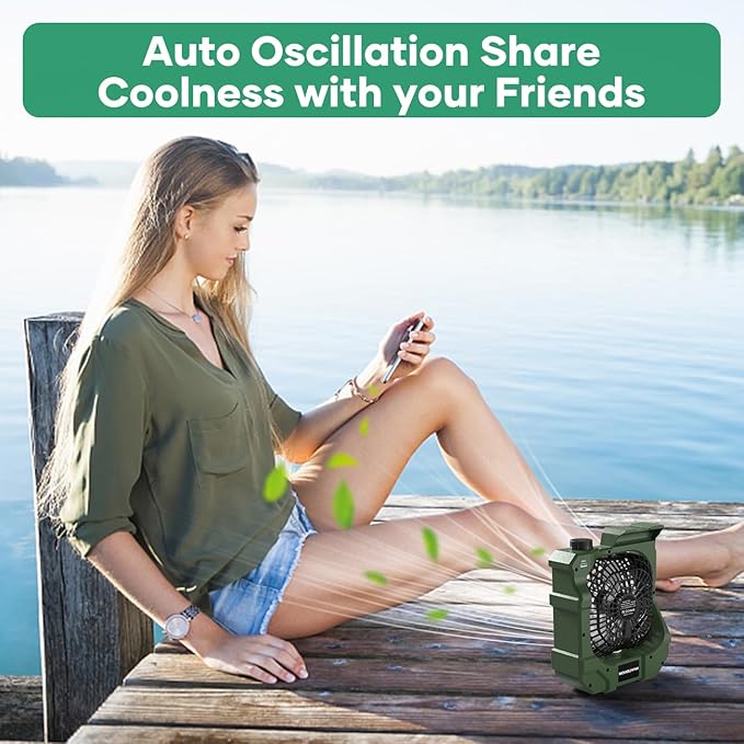 kejector Portable Rechargeable Camping Fan - Battery Operated Oscillating Fan Outdoor Travel Cordless Misting Fans with LED Lantern, USB Ports, Summer Personal Cooling Desk Fans for Tent (Green)