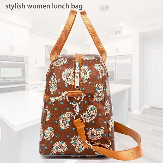 FlowFly Insulated Lunch Bag With Shoulder Strap for Women, Men, and Kids, Large and Reusable, Handle, Freezable Work and School Travel Tote and Meal Prep Organizer,Cashew