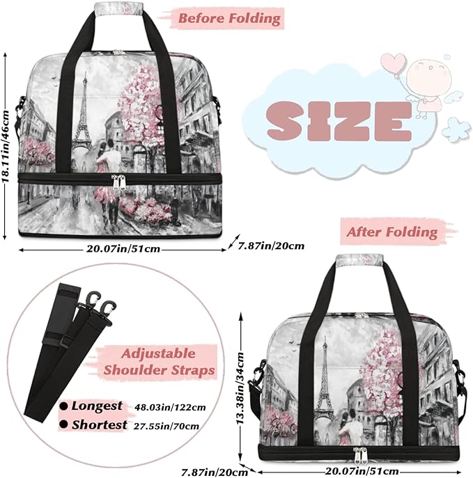 Eiffel Tower Foldable Travel Duffel Bag, Expandable Sports Gym Bag with Shoes Compartment Weekender Overnight Totes Bags for Women Men