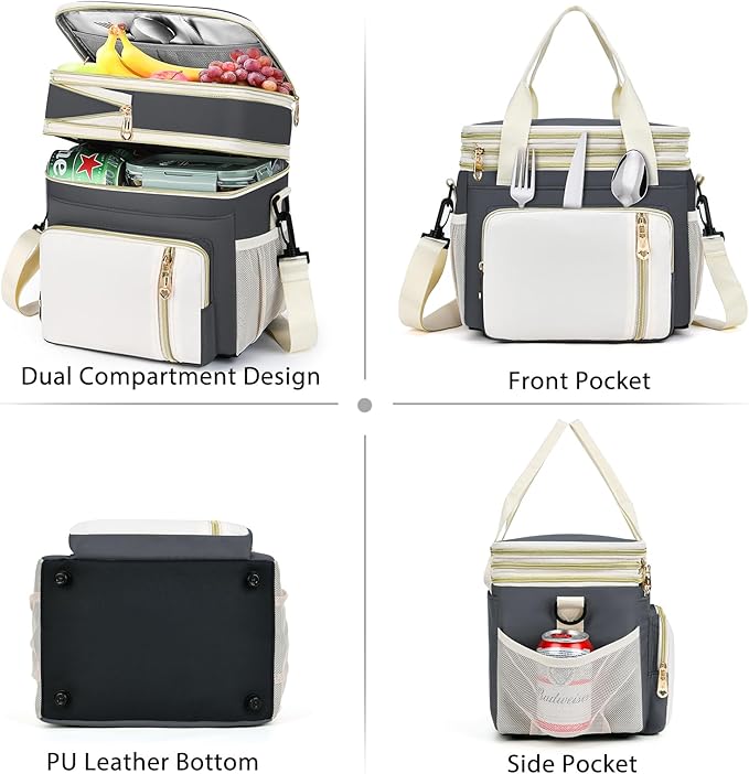 Lunch Box & Lunch Bag for Women Men, Large Insulated Adult Lunch Box Leakproof Lunchbox Cooler Bag for Work Picnic Beach,16L, Grey & White