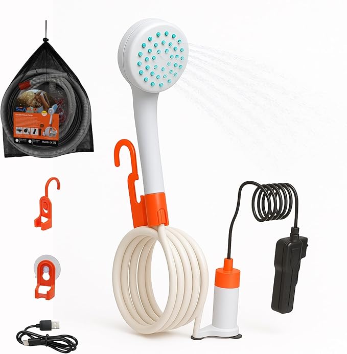 SEAFLO Portable Camping/Outdoor Shower, Rechargeable Battery, 2.64 Gallons Per Min, 40-Minute Runtime Outdoor Camping Pet Washing, Type-C Charging, 80" Hose (with or Without 2.6 Gallon Bucket)