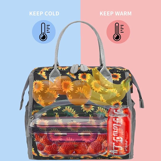 FlowFly Insulated Lunch Bag for Women, Men, Large and Reusable, Handle, Work and Travel Tote and Meal Prep Organizer, SunFlower
