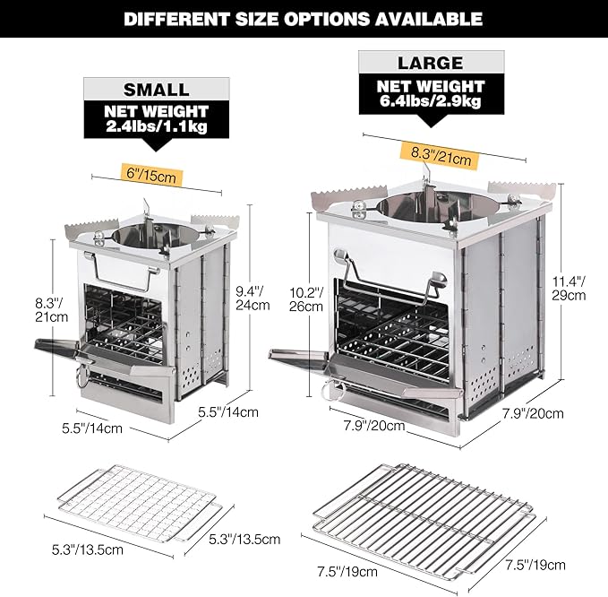 REDCAMP Wood Burning Folding Camp Stove Stainless Steel Grid and Pot Stand, Portable Collapsible Backpacking Stove Survival Rocket Stove for Hiking Outdoor Tent Camping Picnic, Samll with Pot Stand