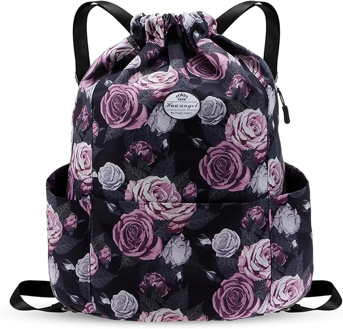 HUA ANGEL Floral Print Drawstring Bag - Lightweight Waterproof Cinch Sackpack with Side Pocket for Men & Women Travel Gym Bag