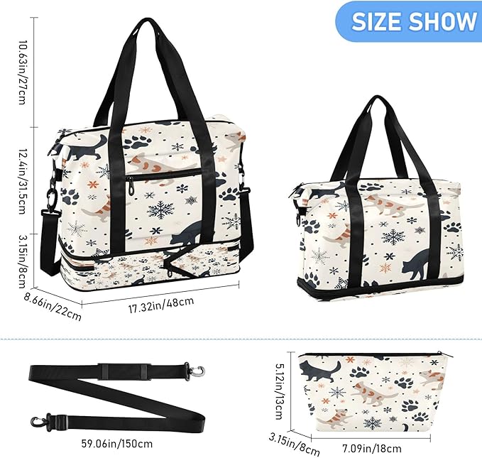 Christmas Snow Cat Travel Duffel Bag Waterproof Gym Sport Tote Bag Carry On Weekender Bag with Compartment