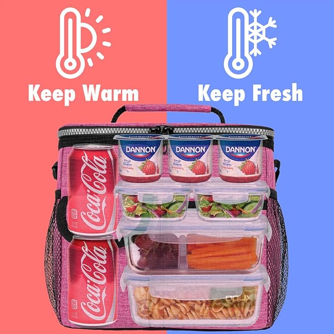 opux Insulated Lunch Bag for Men Women, Leakproof Heather Pink Lunch Box for Work, Portable Soft Lunch Cooler Bag with Shoulder Strap, Adult Lunchbox Lunch Pail for Kid Boy Girl School, 18 Can/10L