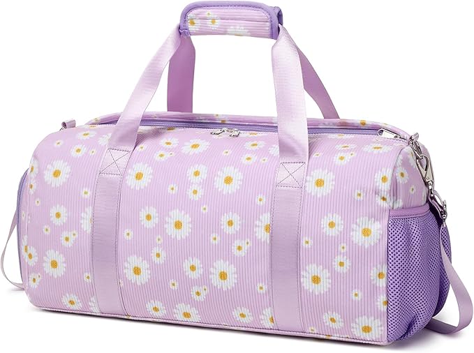 Dance Bag for Girls Gym Bag Sports Duffle Bag with Shoes Compartment Wet Pocket Weekender Overnight Bag for Girls Women Teens Corduroy Daisy Travel Duffle Bag