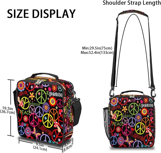 Pardick Love Peace Sign Lunch Bag for Girls Boys Peace Symbol Flower Kids Lunch Tote Bag with Shoulder Strap Kid Insulated Lunch Box Cute Cooler Handbag for School Daycare Picnic Travel Outdoor