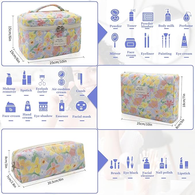 3pc Makeup Bag Set, Quilted Makeup Bag Set, Large Floral Cosmetic Bag for Women, Cute Cotton Makeup Bags, Flower Travel Toiletry Organizer Bag (Large Flower)
