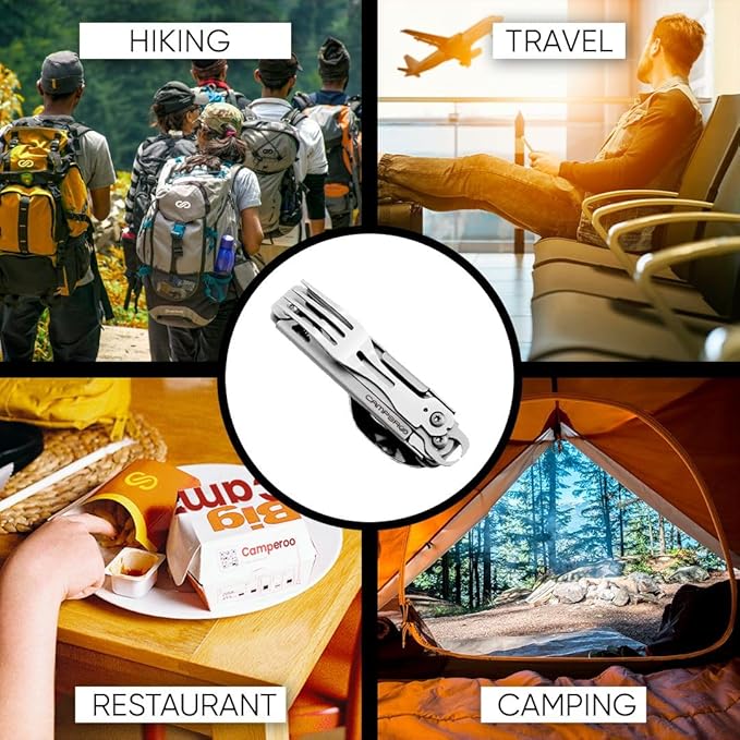 CAMPEROO® CAMPING UTENSILS SET - CAMPING CUTLERY - TRAVEL UTENSILS WITH CASE – 6 in 1 REUSABLE UTENSILS SET : SPOON, FORK, KNIFE, BOTTLE/CAN OPENER, CORKSCREW