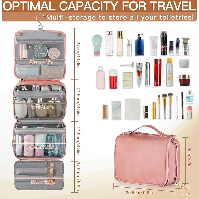 Elviros Travel Toiletry Bag for Men and Women with Hanging Hook, 3 in 1 Multifunctional Large Makeup Cosmetic Case for Toiletries Accessories, Water-resistant PU Leather Bathroom Dopp Kit Shaving Bag