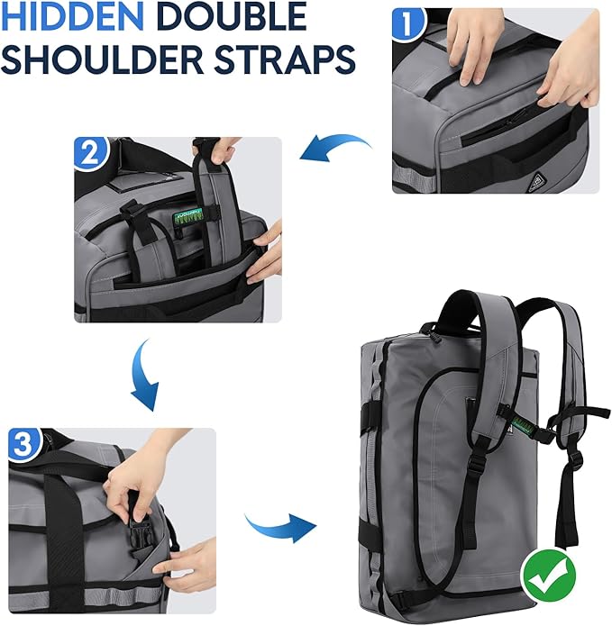 Haimont Mens Duffle Backpacks for Traveling, Convertible Gym Duffel Bag with Backpack Straps, Camping, Overnight Trip, Weekend, Sports Gear Carry-on Bag for Women, Hiking, 40L, Grey