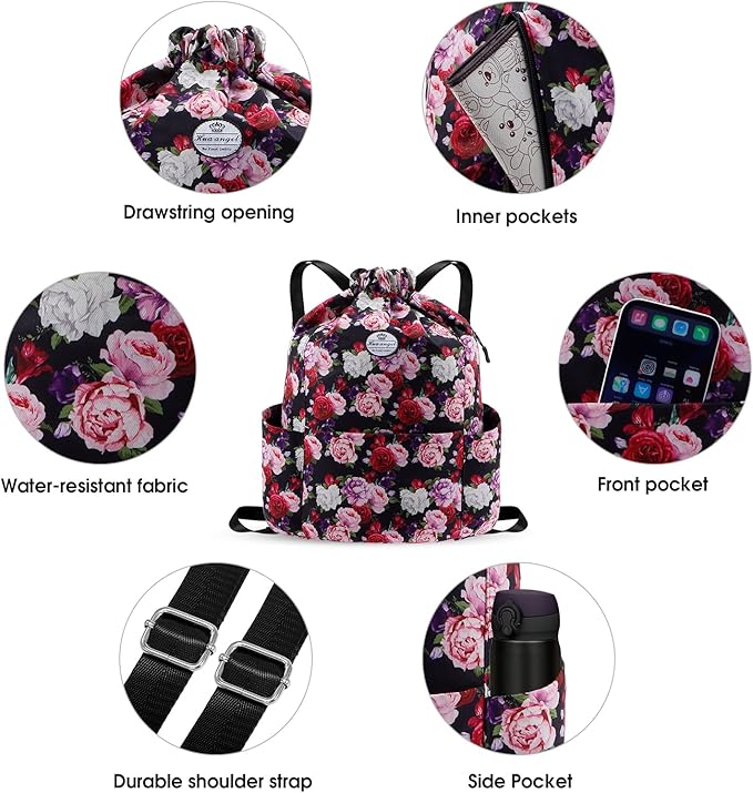 HUA ANGEL Floral Print Drawstring Bag - Lightweight Waterproof Cinch Sackpack with Side Pocket for Men & Women Travel Gym Bag