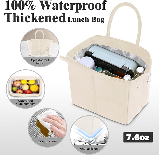 Coobiiya Stylish Lunch Box Lunch Bag for Women Men, Ultralight Thickened Leakproof Quilted Puffer Lunch Cooler Tote, Adult Small Cute Reusable Insulated Lunch Box for Work, Office, Travel (White)