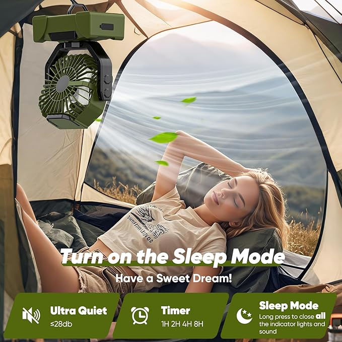 Portable Rechargeable Fan, 20000mAh Battery Powered Fan with LED Light, Camping Fans for Tent Remote Control, 5 Speed & Hook, 10-inch Outdoor Cordless Fans for Travel,Home, Beach, Power Outage - Green