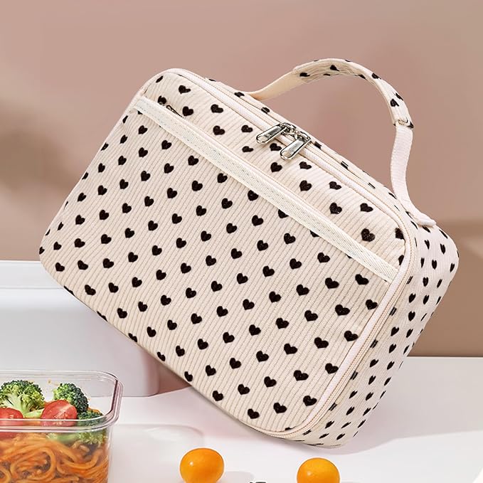 Kids Lunch Box Girls Corduroy Insulated Lunch Cooler Bag Reusable Lunch Tote Kit for School Travel(Heart)