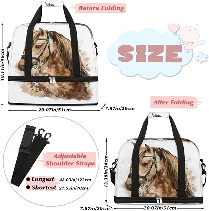 Horse Head Foldable Travel Duffel Bag, Expandable Sports Gym Bag with Shoes Compartment Weekender Overnight Totes Bags for Women Men