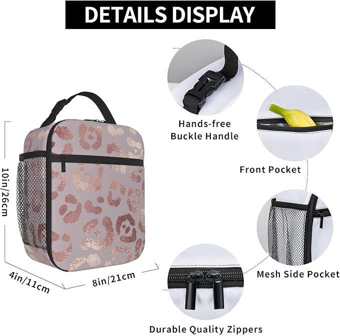 Rose Gold Leopard Lunch Box Reusable Insulated Lunch Bag Thermal Cooler Tote For Boys Girls Teen School Men Women Picnic Travel Hiking