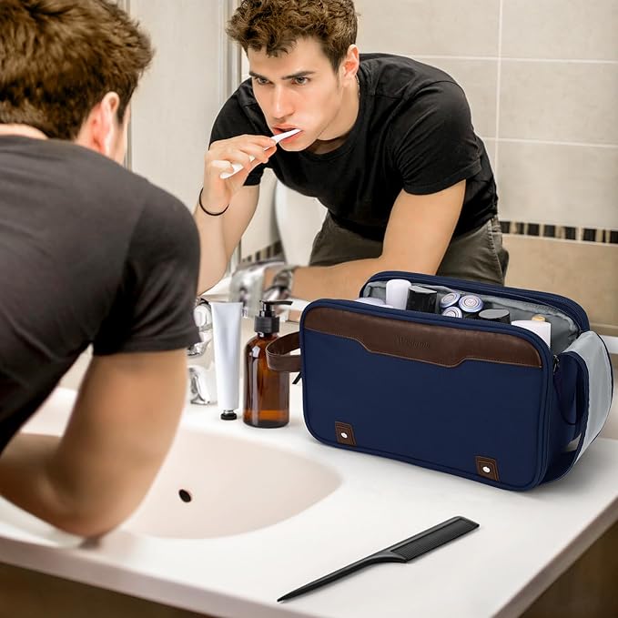 Wedama Toiletry Bag for Men, Large Hanging Travel Toiletry Bag, Extra Electronic Organizer Bag Waterproof Shaving Bag for Toiletries with PU Handle for Travel Business Trips Swim Camping, Blue