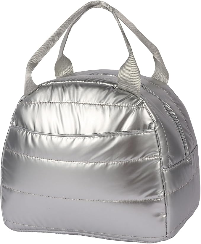 Lunch Bag Lunch Box for Women Men Adult Insulated Cute Small Quilted Puffer Lunchbox Reusable Thermal Lunch Cooler Tote Bag for Work, Picnic or Travel-Silver