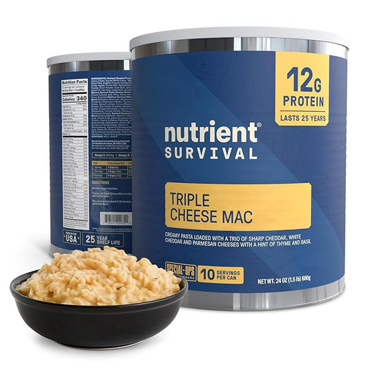 Nutrient Survival MRE Triple Cheese Mac, Ready to Eat Meals (10 Servings) Freeze Dried Prepper Supplies & Emergency Food Supply, 40 Essential Nutritients, Shelf Stable Up to 25 Years, One Can
