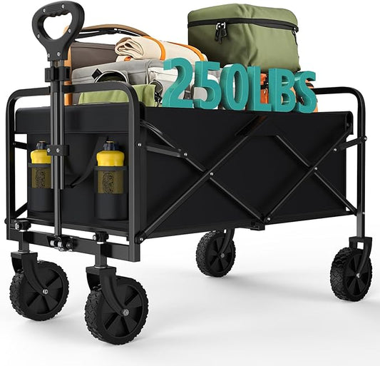 OLIXIS Heavy Duty Wagon Cart, 350 lbs Foldable Large Collapsible Wagons Carts with Wheels Smooth Maneuverability for All-Terrain, Suitable for Gardening, Camping, Beach - Black