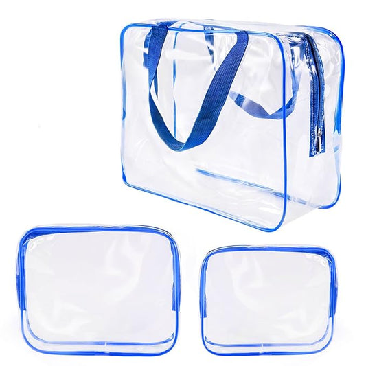 3Pcs Crystal Clear PVC Travel Toiletry Bag Kit for Women Men, Waterproof Vinyl Organizer Clear Makeup Bags with Zipper Handle Straps, Cosmetic Bag Pouch Carry on Airport Airline Compliant Bag Handbag