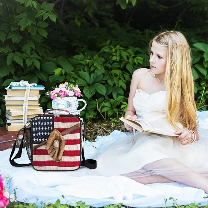 Baseball Usa Flag Insulated Lunch Bag for Girls Boys Teen Reusable Lunch Box with Shoulder Strap Freezable Thermal Cooler Bag Meal Prep Boxs for School Travel Picnic Beach Lunch Pail