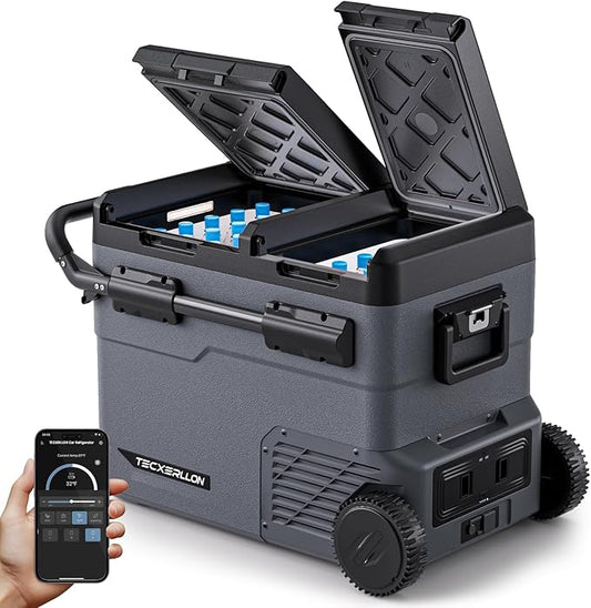 12 Volt Car Refrigerator Dual Zone Electric Cooler, 50 Quart Portable Freezer Fridge with APP Control, Compatible with Detachable Battery (Not Included), for Overlanding, Camping, RV, Truck