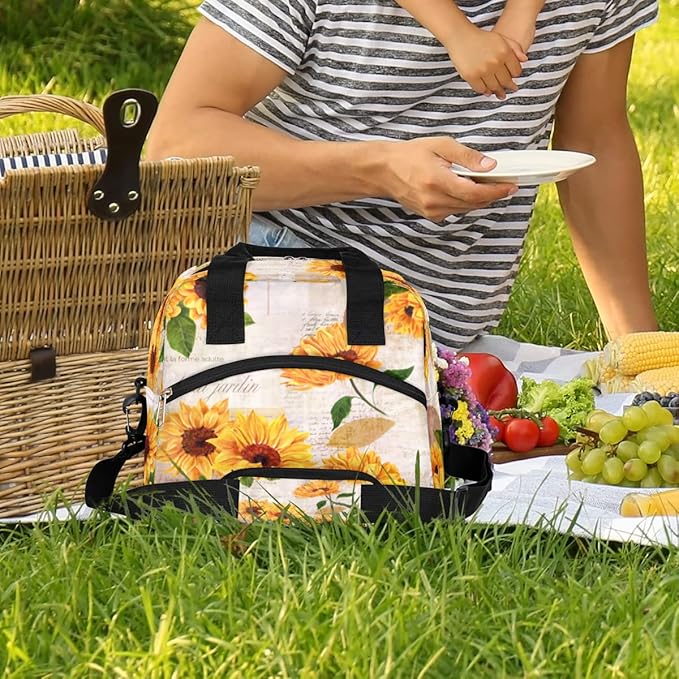 Sunflower Floral Insulated Lunch Bags for Women Men Adult Yellow Flower Reusable Lunch Tote Therma Cooler Bag with Shoulder Strap Lunch Box for School Work Office Picnic Meal Prep Bag