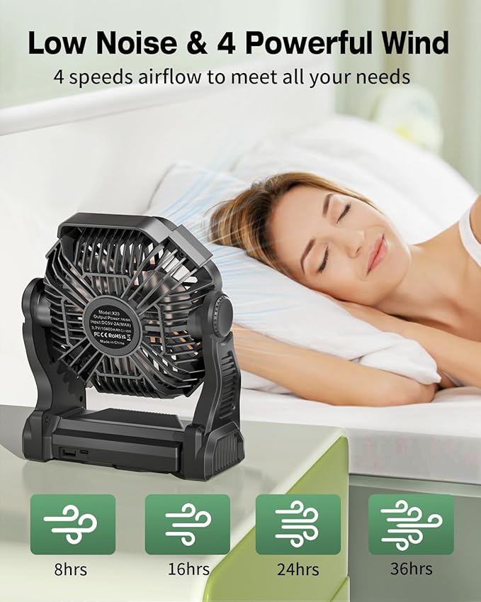 Portable Camping Fan, Rechargeable Battery Operated with LED Lights, Hanging Hook, 270°Rotation, 20000mAh Battery Powered Fan for Beach, Office, Picnic, Fishing, Travel, Tent