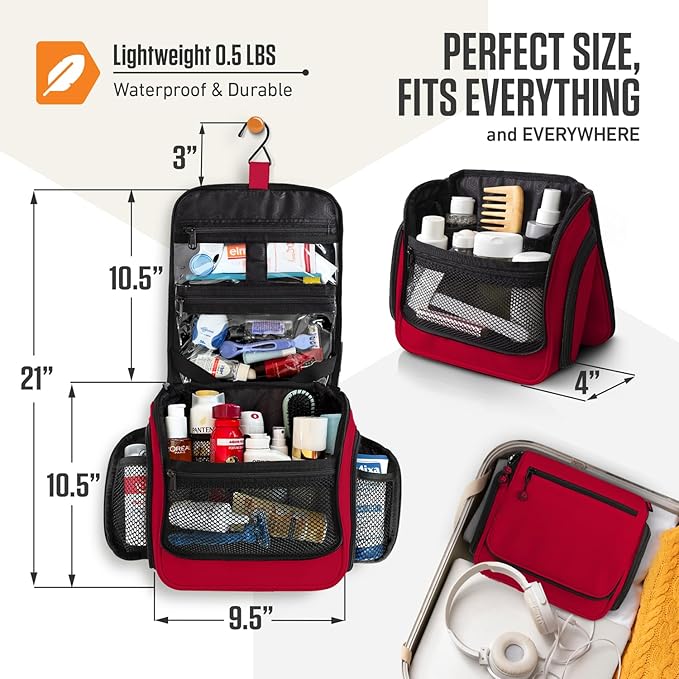 VENTURE 4TH Hanging Travel Toiletry Bag for Women & Men - Travel Organizer with Expandable Compartments & Removable Clear Pouch for Toiletries (Red)