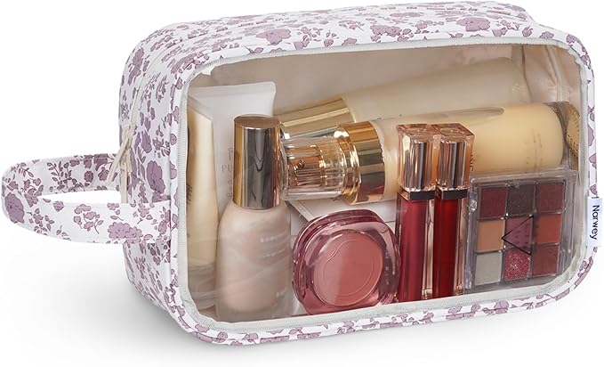 Narwey Clear Makeup Bag Cosmetic Bag with Zipper for Travel, Clear Toiletry Bags for Traveling Toiletries Women Men, Make Up Pouch with Handle, Skincare Bag (Little Dusty Pink Flower)