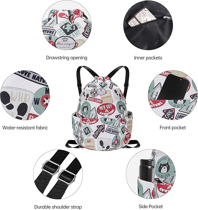 HUA ANGEL Floral Print Drawstring Bag - Lightweight Waterproof Cinch Sackpack with Side Pocket for Men & Women Travel Gym Bag