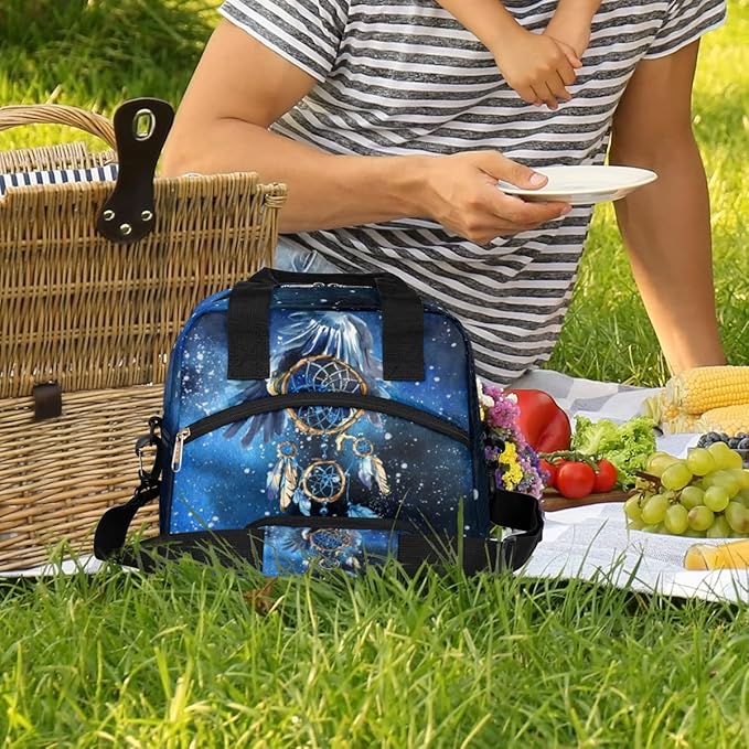 Blue Galaxy Watercolor Dream Catcher Insulated Lunch Bags for Women Men Adult Reusable Lunch Tote Therma Cooler Bag with Shoulder Strap Lunch Box for School Work Office Picnic Meal Prep Bag