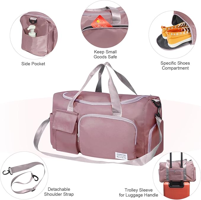 Travel Tote Bag for Women, Small Gym Bag with Wet Pocket Shoes Compartment Zipper Sport Bag for Dance Swim Overnight Pink