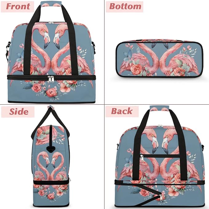 cfpolar Woman Travel Duffel Bag Heart Flamingo Flower Foldable Tote Carry On Luggage Sports Gym Bag With Shoe Compartment Overnight Weekend Yoga Workout Bag Training Handbag