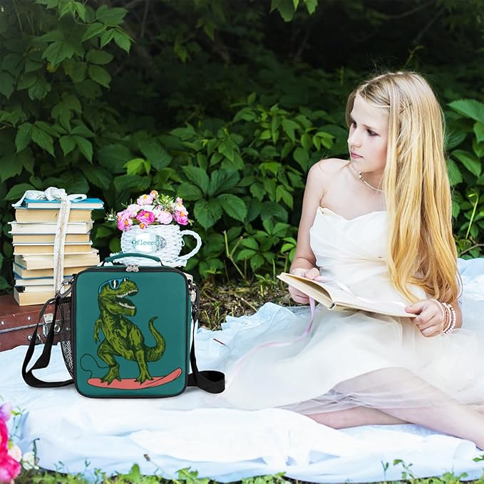 Animal Lunch Box for Kids, Surfing Dinosaur Sunglass Lunch Bag for Boys Girls, Reusable Insulated Waterproof Lunch Box with Adjustable Shoulder Strap Thermal Cooler Tote Bag for School Daycare Picnic